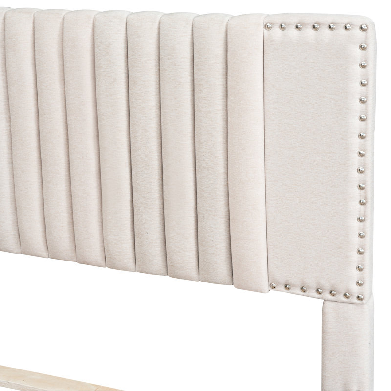 Lit plateforme tapissier beige avec 2 tiroirs et lit gigogne simple, tête de lit classique, structure robuste en contreplaqué, utilisation optimale de l'espace, assemblage pratique en contreplaqué à 2 étages