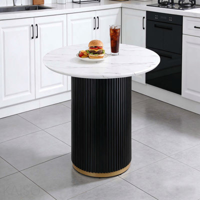 Table de salle à manger de 46 pouces en faux marbre, base en métal noir Wave avec décoration dorée - pouvant accueillir 4 personnes pour la cuisine et la salle à manger