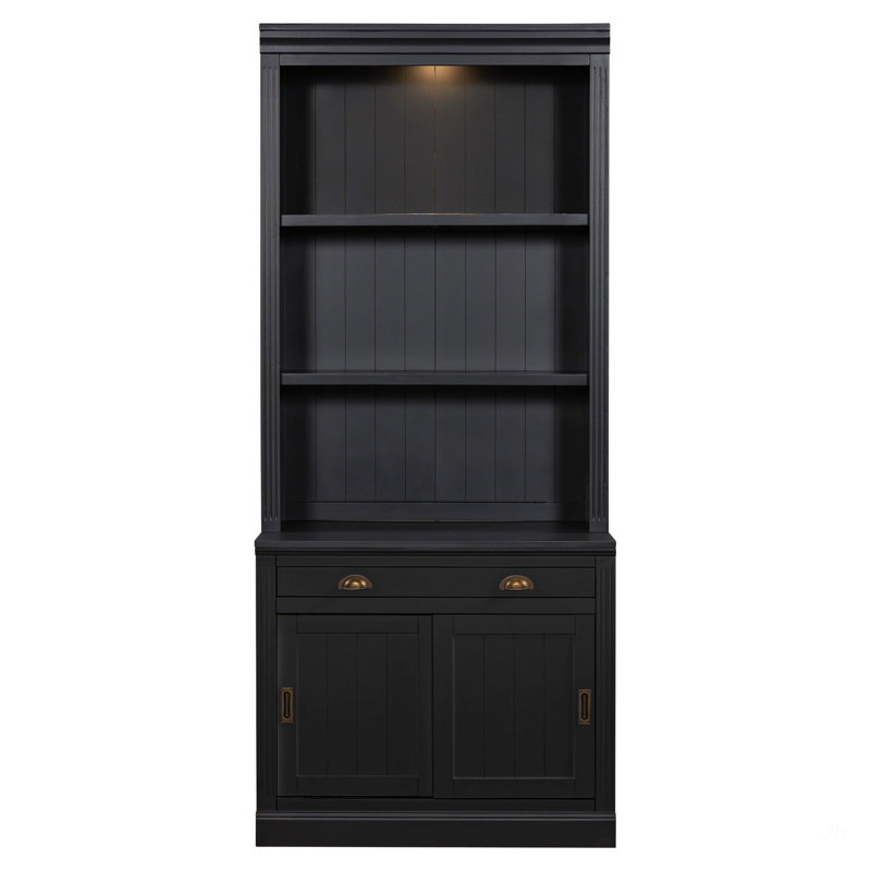 83.4"Tall Bookshelf with with 3 pieces LED Lighting, Modern Bookcase with Sliding Doors and Open Shelves,Storage Bookshelf for Living Room,Home Office,Black