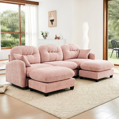 Canapé modulaire en forme de U rose avec coussin en chenille, mousse haute, pour les coins de lecture dans les grands espaces 3 sièges, chenille, plissé, design ergonomique divers