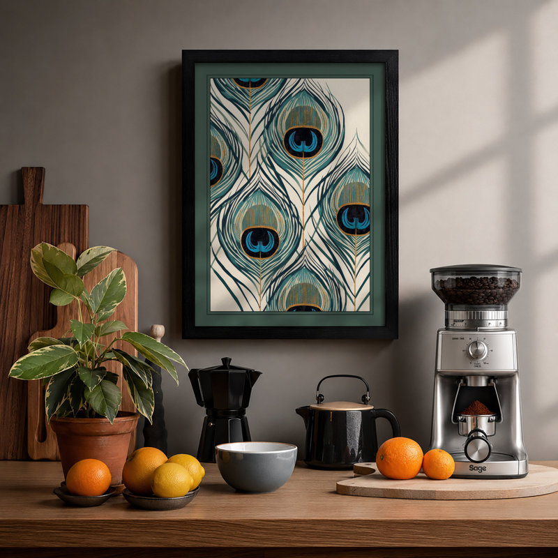 Peacock Feathers Geometric - Framed Print, A4 - 29.7 x 21.0 cm, Black