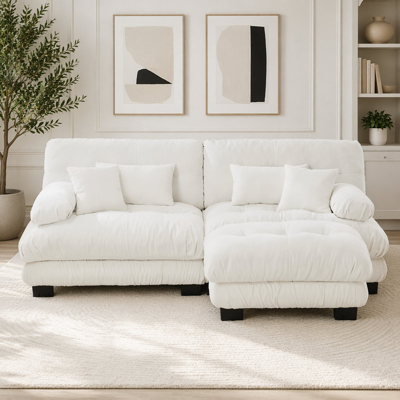 Canapé Cloud, canapé en chenille, Blanc + 2 sièges + 1 fauteuil