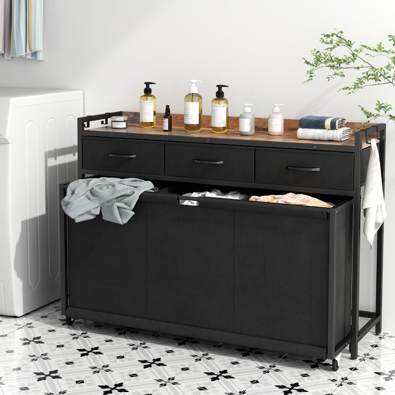 Trieuse à linge roulante avec poignées, Noir / brun rustique