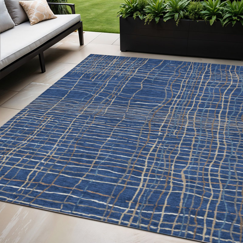 Tapis extérieur lavable rayé bleu marine et gris 5 pi x 8 pi