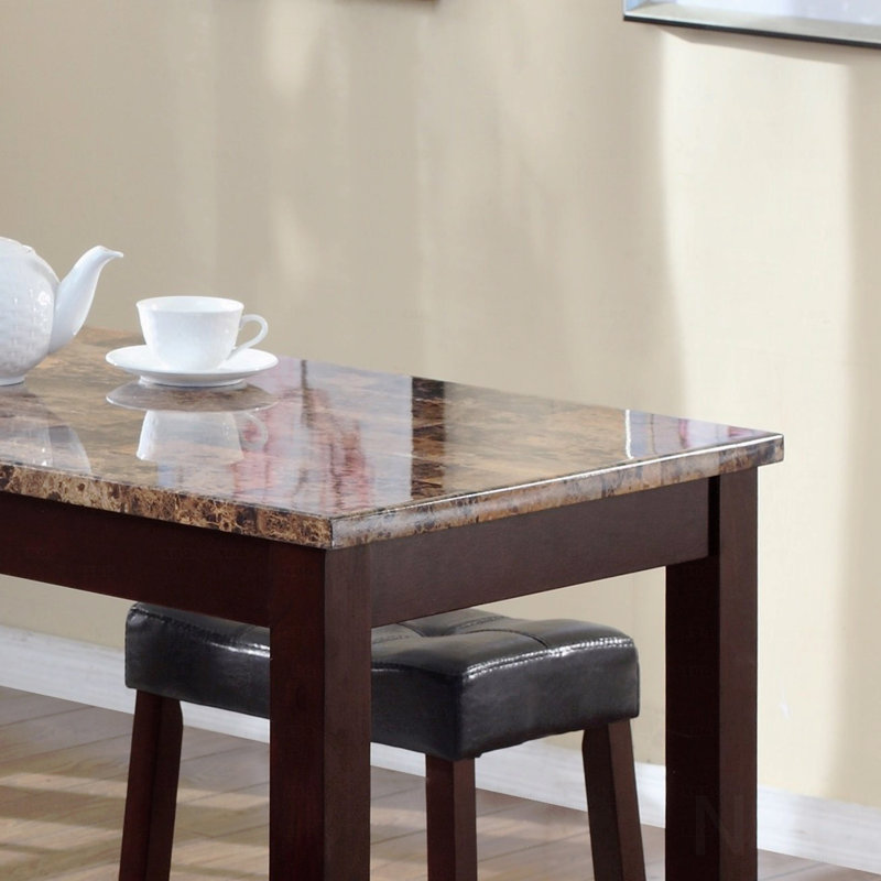 3-Piece Counter Height Glossy Print Marble Breakfast Table With Dining Stools