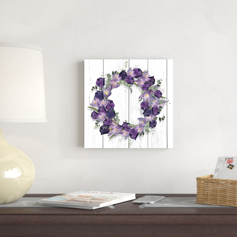 «Purple Tulip Wreath I» par Jennifer Paxton Parker - peinture sur toile tendue, H 12 po x l 12 po
