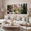 Ensemble de 3 tableaux sur toile tendue représentant un chemin de jardin en fleurs de magnolia rose-538170550