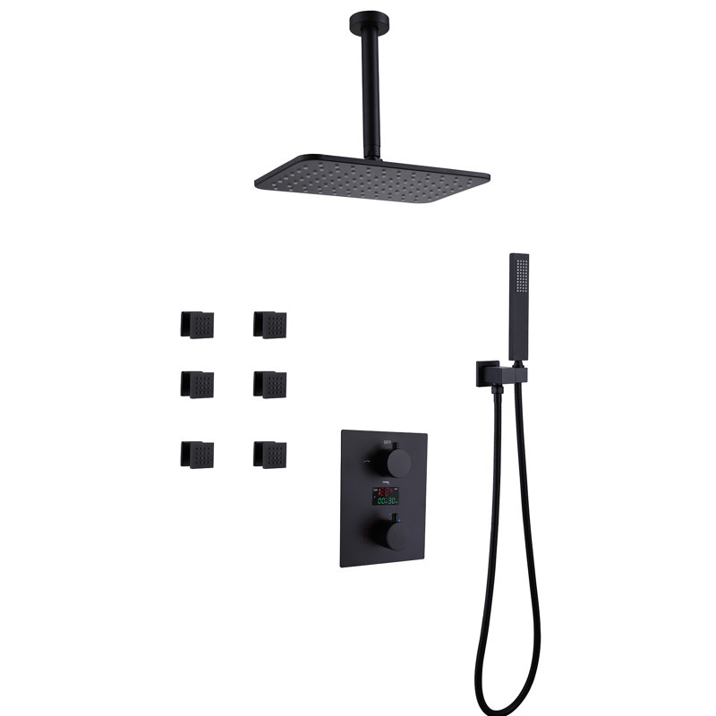 Système de douche à affichage numérique 11 * 7 ", pomme de douche au plafond en laiton massif avec douche à main et 6 jets de corps