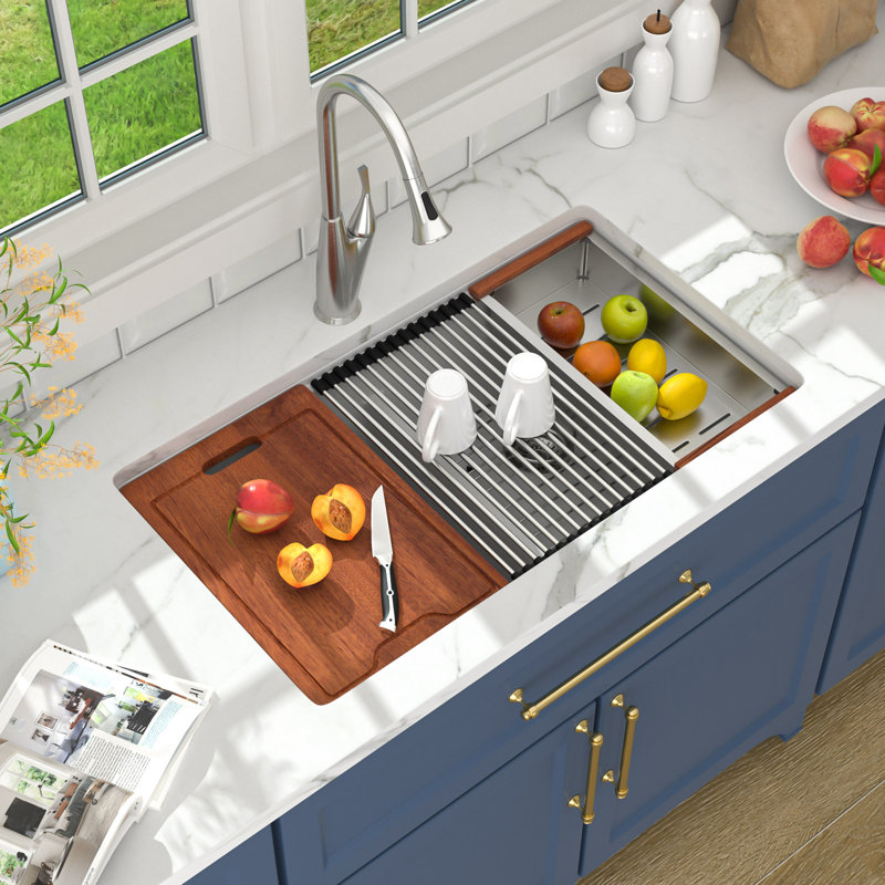 33" L x 19" W Double Bowl Rectangular Undermount Workstation Quartz Kitchen Sink Low-divider Granite Composite Sink, White