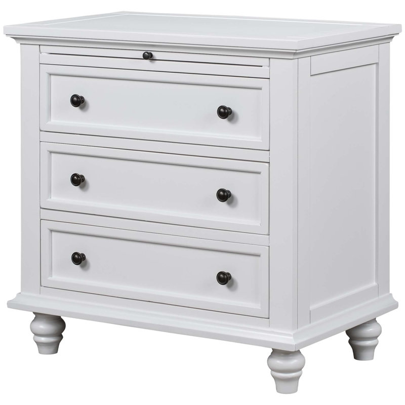 Modern 3-Drawer Nightstand with Pull-Out Tray, Stylish Sofa Side Table with Rubber Legs, White