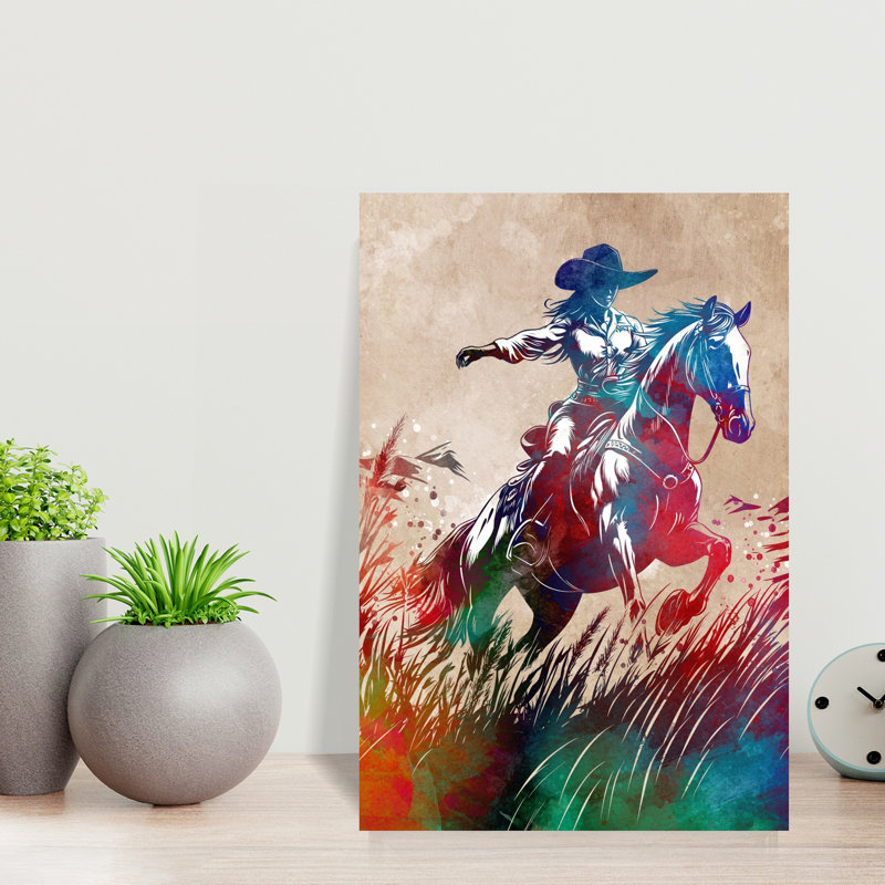 «Dynamic Cowgirl Ride», art contemporain coloré cheval vibrant, 18" H x 12" W