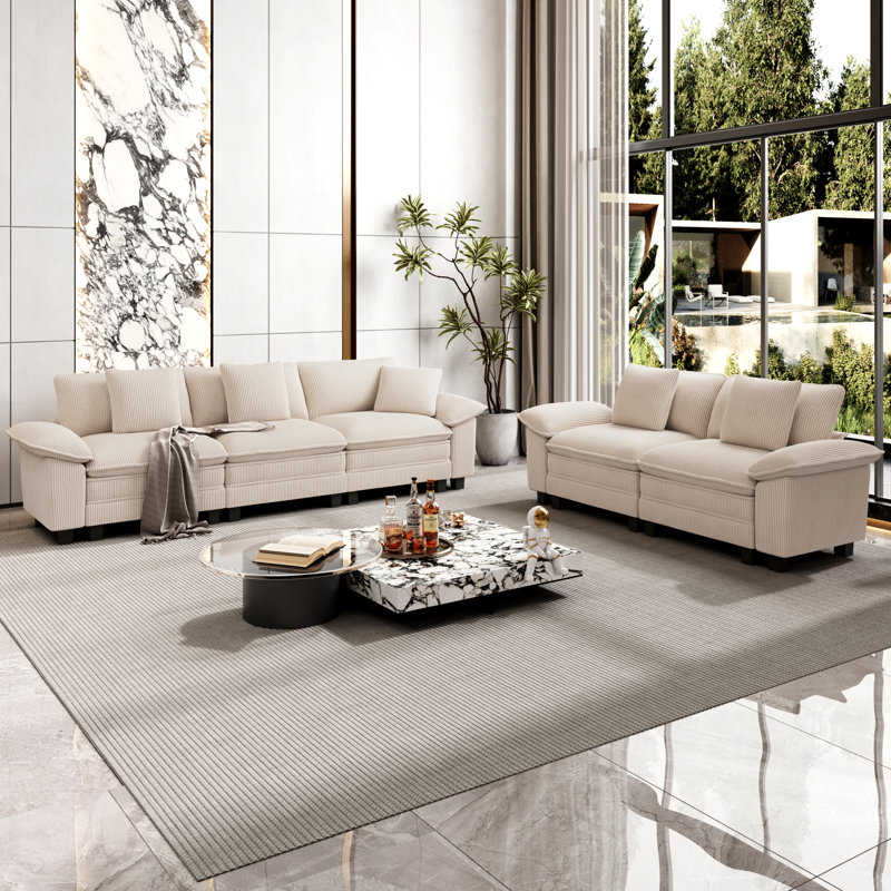 5 - Piece Living Room Set, Beige Corduroy