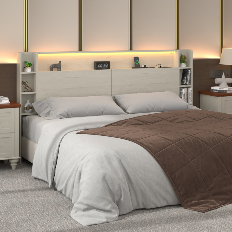 Queen Size Headboard with Storage, LED RGB Lights, USB and AC Charging Ports, Bookcase Shelves, Hidden Storage, Baseboard Groove Design