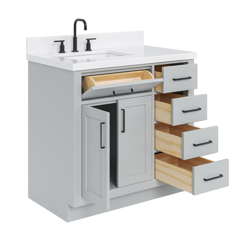 Meuble-lavabo simple en bois massif 36 po Tidworth avec plateau en quartz Carrara de 1,5 po, Gauche, Forme rectangulaire