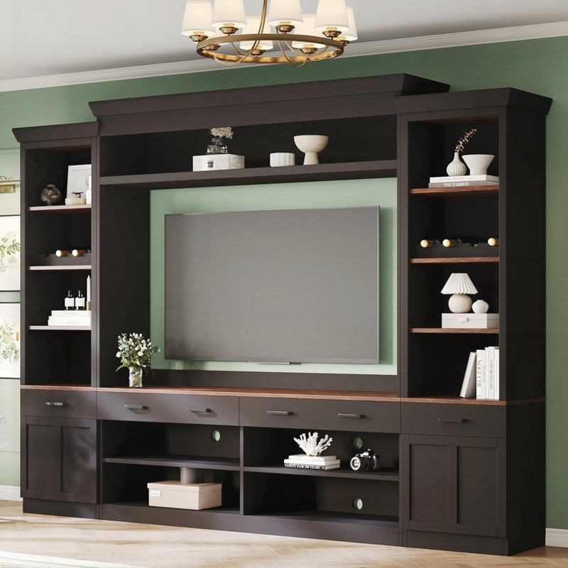 Farmhouse 4-Piece Entertainment Wall Unit Set With Bookshelf For Tvs Up To 70", Black/Dark Walnut