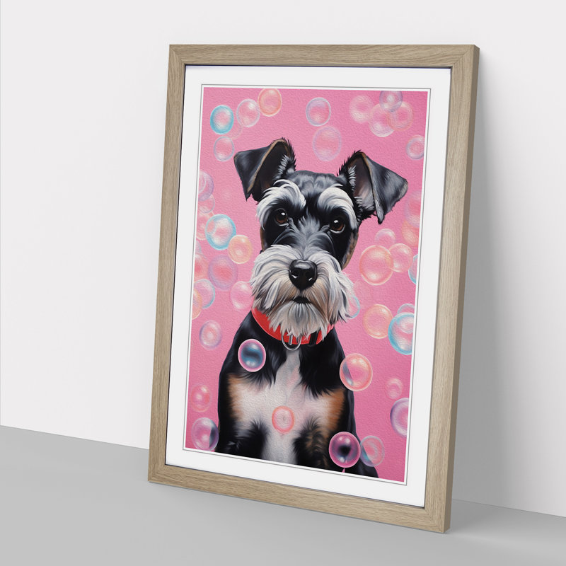 Schnauzer Bubble Gum Painting - Single Picture Frame Print on Wood, 64cm H x 46cm W x 2cm D, Oak