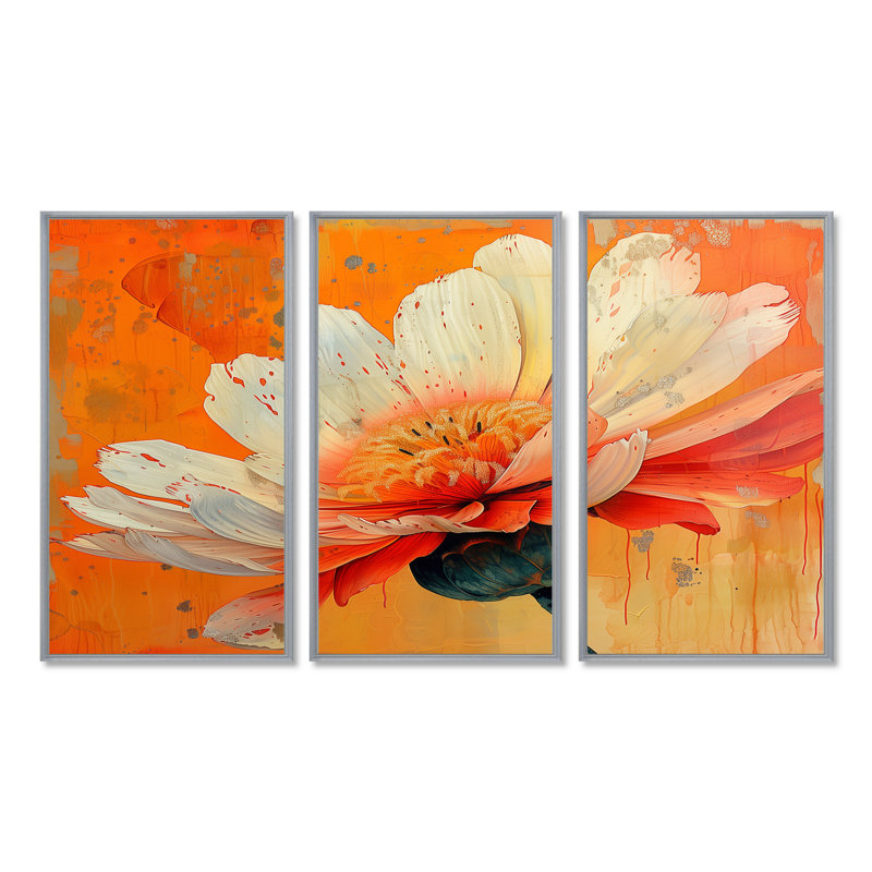 «White Orange Vibrant Burst Marigold», ensemble de reproductions d'art mural souci, Toile argentée avec cadre flottant