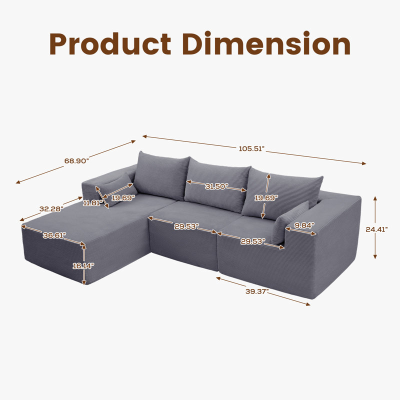 Compression Modular and combinable L-shaped Boneless sofa, Gray Polyester Blend