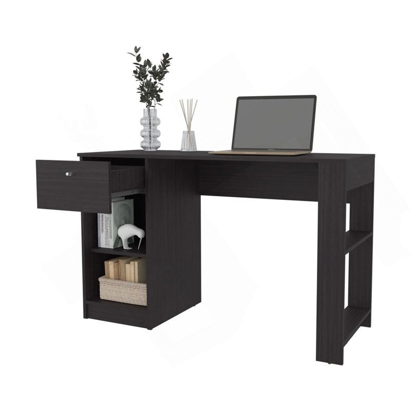 Bureau d'ordinateur Wengue avec 1 tiroir et rangement ouvert, Wengé