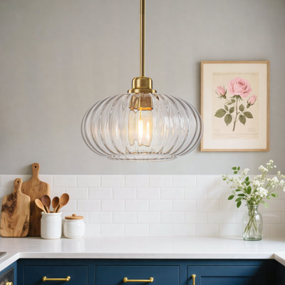 1-Light Mid-Century Modern Pumpkin Fluted Glass Pendant Light