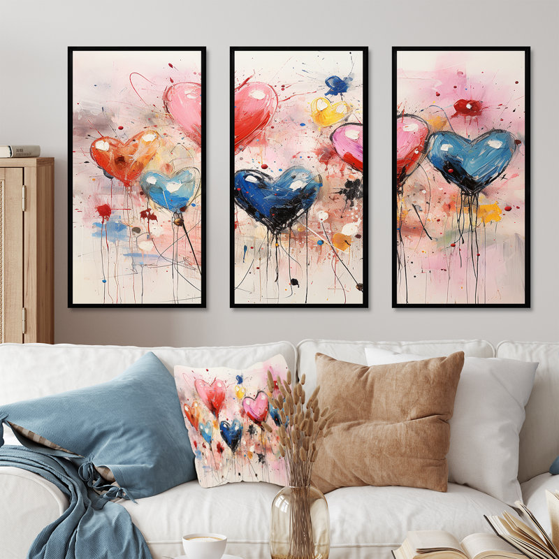 Rose et bleu cœur Pop Art 1 - Art mural Pop Art, H 28 po x l 36 po x P 1 po, Cadre flottant noir