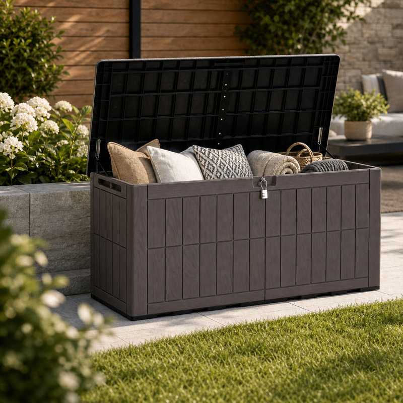 Coffre extérieur pour terrasse avec serrure, Brun