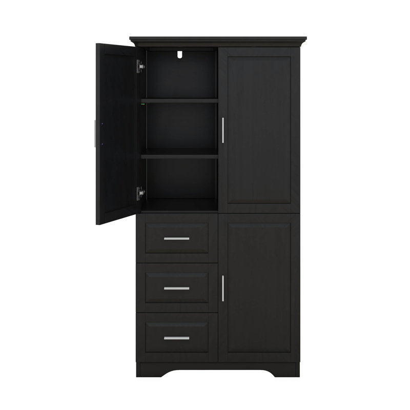 Tall And Wide Storage Cabinet With Doors, Three Drawers, Black