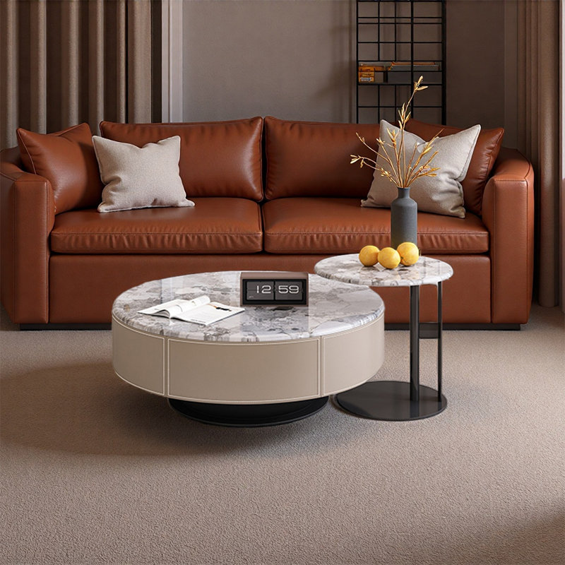 Table basse ronde moderne en marbre, H 13,8 po x L 31,5 po x l 31,5 po