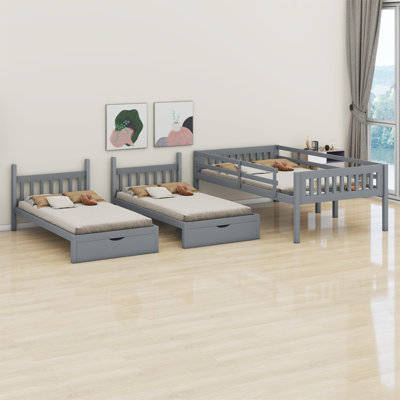 Wood Triple Bunk Bed With Drawers And Guardrails