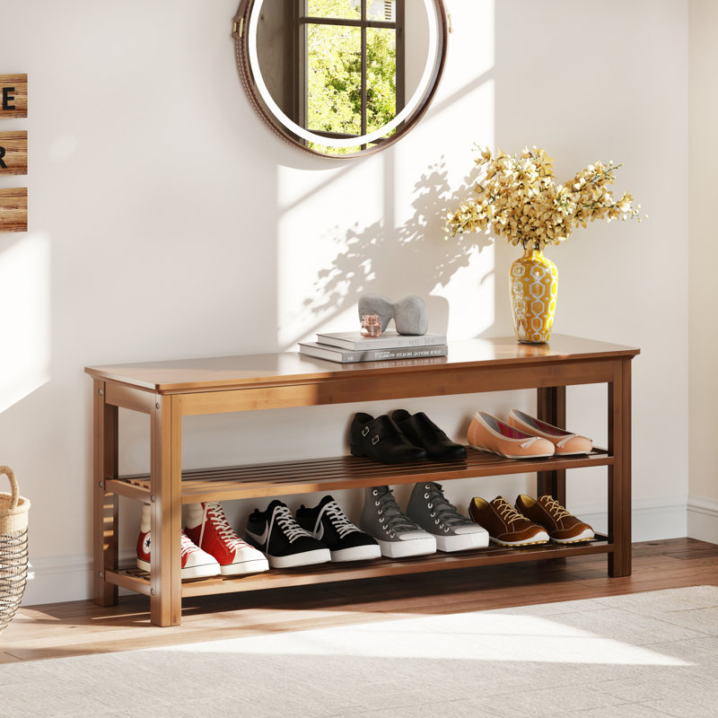 39.4" Bamboo Shoe Storage Bench Entryway Bench 2-Tier Shoe Rack, 16.5" H x 39.4" W x 11.2" D