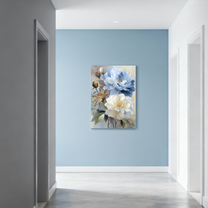 Ensemble de 1 tableau mural sur toile tendue à motif floral de pivoine bleue et blanche, H 36 po x l 24 po