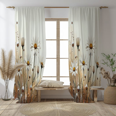 Boho Tall Daisy Window Curtain Panels – Beige & Brown Floral Print