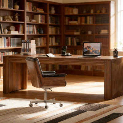 Bureau d'ordinateur de 200 cm (79 po) au design minimaliste, fini bois brun, double espace de travail, montage facile, stable sur planchers irréguliers, style long et élégant, assemblage requis