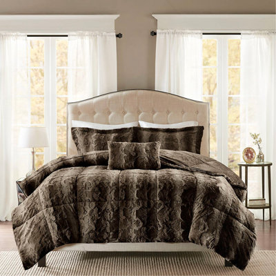 King 4PC Faux Fur Comforter Set With Hypoallergenic Fill And Coordinating Decorative Pillow For Luxurious Sleep
