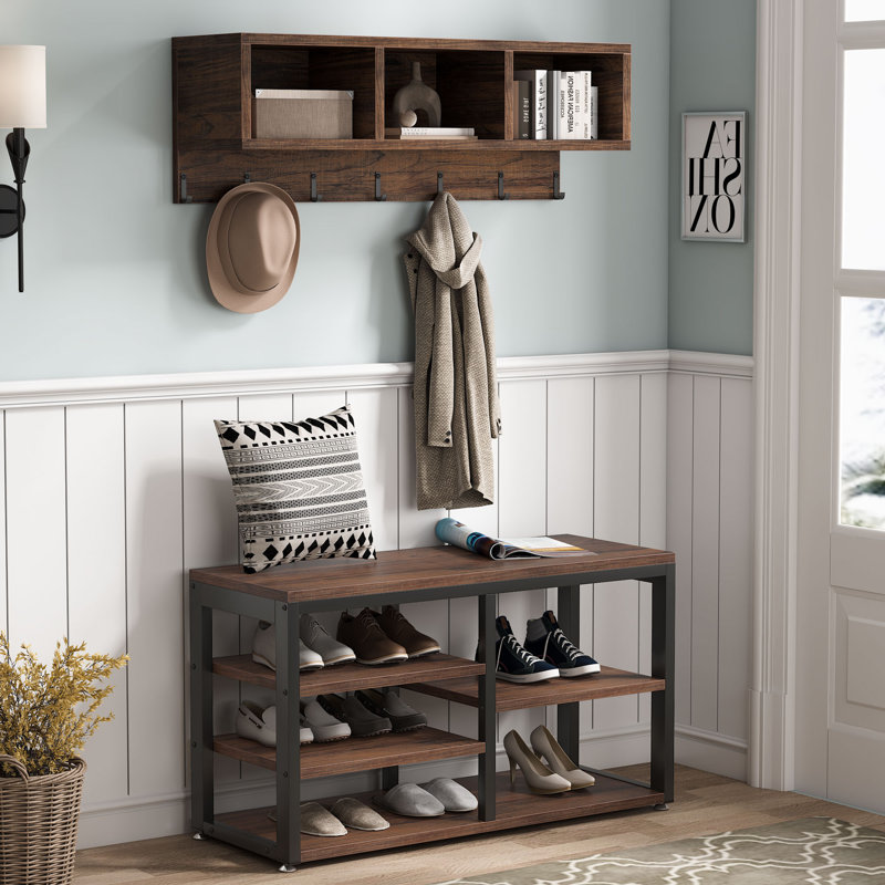 Edalyn 31.5"  Wide Hall Tree with Bench and Shoe Storage, Rustic Brown
