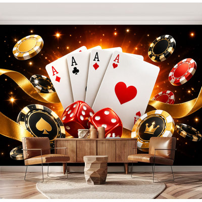 Wall Mural Peel and Stick Casino Poker Theme Playing Cards Chips Gold Accents Cards Large Wallpaper Self-Adhesive Removable Contact Paper Wall Decor for Living Room Bedroom Nursery 69"H x 96"W