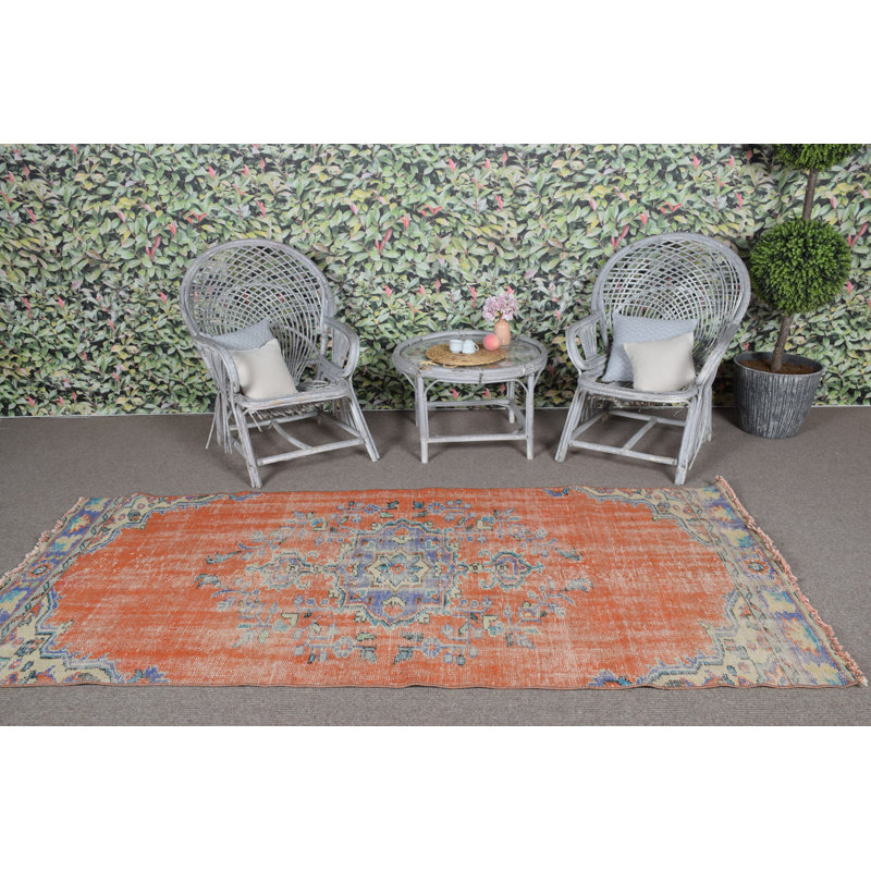 Tapis turc anatolien tissé à la main avec motif médaillon rouge audacieux pour la salle à manger