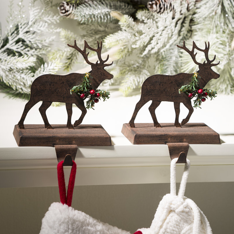 2PK 6.50"H Wooden/Metal Reindeer Stocking Holder
