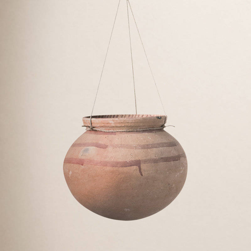 Round Clay Planter Pot with Painted Design and Jute Rope