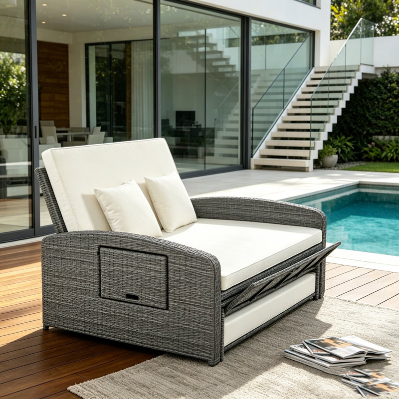 PE Wicker Rattan Double Chaise Lounge, 2-Person Reclining Daybed with Adjustable Back and Cushions, White