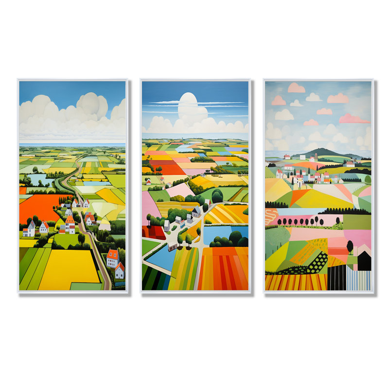 «De Stijl Farm Landscape - Countryside», ensemble de 4 reproductions d'art mural, H 40 po x l 60 po, Cadre flottant blanc