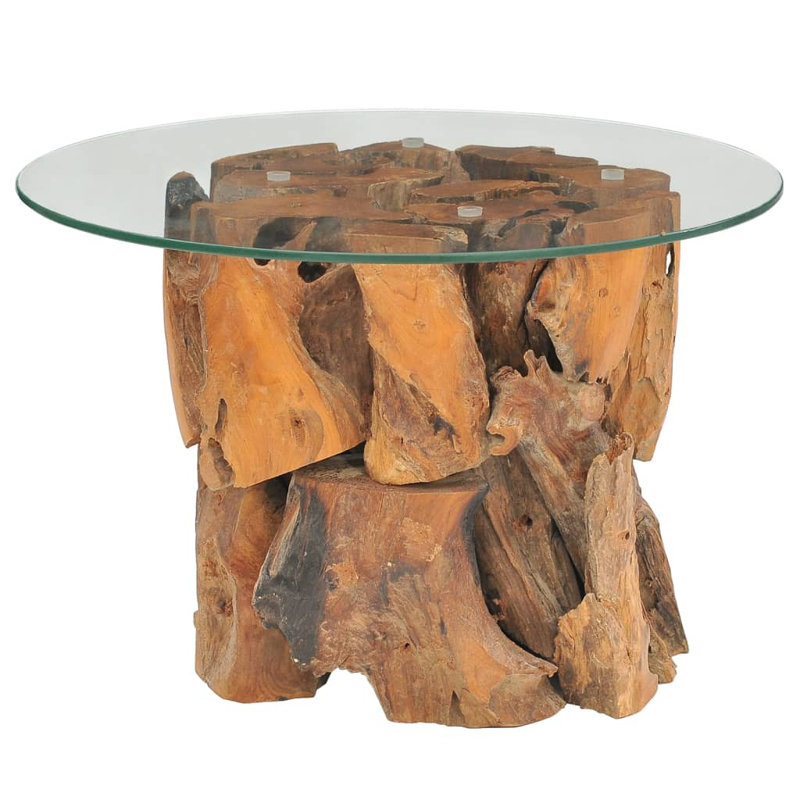 vidaXL Rustic Round Coffee Table, Solid Teak Driftwood Base with Tempered Glass Top, Handmade, Unique Modern Design, 23.6" Diameter, Brown