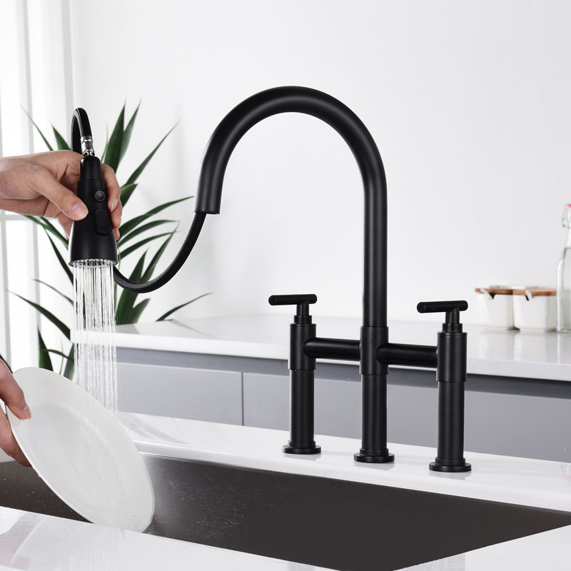 KPAIDA Bridge Kitchen Faucet with Pull Down Sprayer, 3 Hole 8 Inch Kitchen Sink Faucet, Matte Black