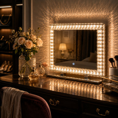 Miroir de maquillage lumineux en cristal avec éclairage 3 couleurs, commande tactile, à poser ou à fixer au mur