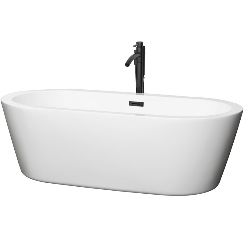 Mermaid 71'' x 33.5'' Freestanding Soaking Acrylic Bathtub with Faucet, White/Matte Black