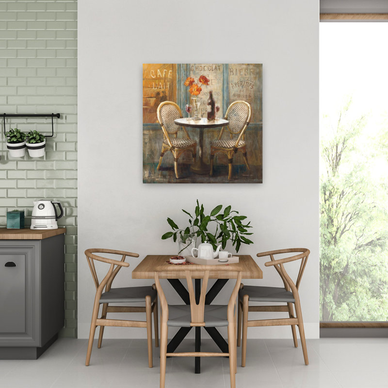Art français «Rendez-vous au café I» avec des bouquets de bouteilles, H 32 po x l 32 po