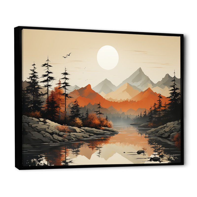 «Mountains Whisper Sunset Dreams», reproduction d'art mural, H 16 po x l 32 po x P 1 po, Cadre flottant noir