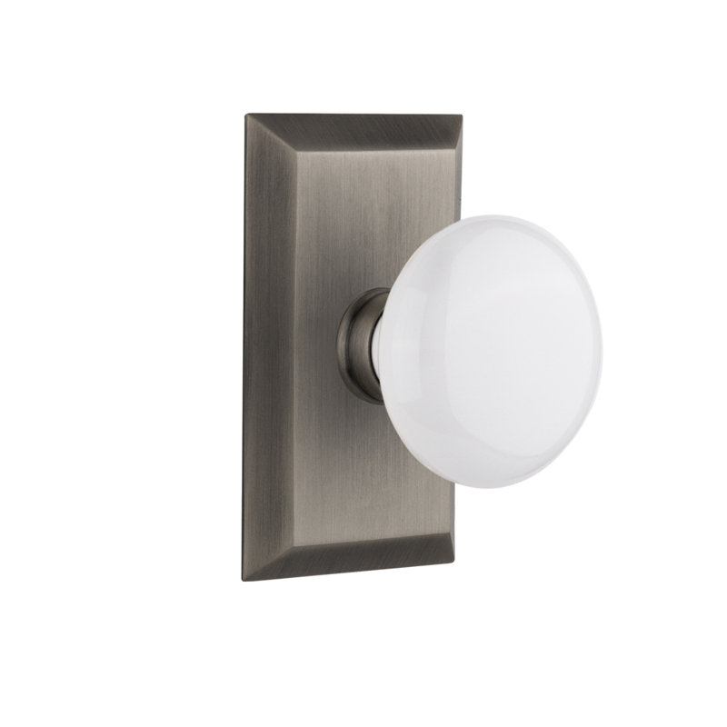 Studio Plate with White Porcelain Door Knob, Antique Pewter, 2-3/8”