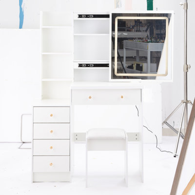 Coiffeuse de taille moyenne (94 cm) avec tabouret rembourré, 2 prises secteur + 2 prises électriques, support pour sèche-cheveux, grand miroir coulissant tactile à DEL (61 x 56 cm) avec 3 couleurs, conforme aux normes UL, style américain