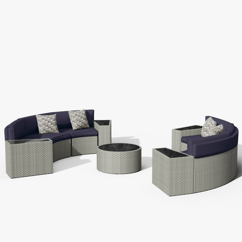 Half-Moon 6 - Person Fully Assembled Curved Patio Conversation Set With Coffee Table & Side Table, Gray